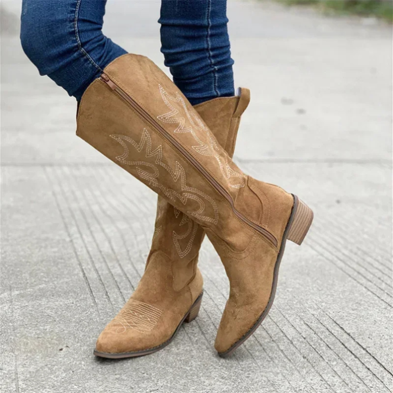 Women’s Knee High Boots | Embroidered Cowboy Style | Thick Heel
