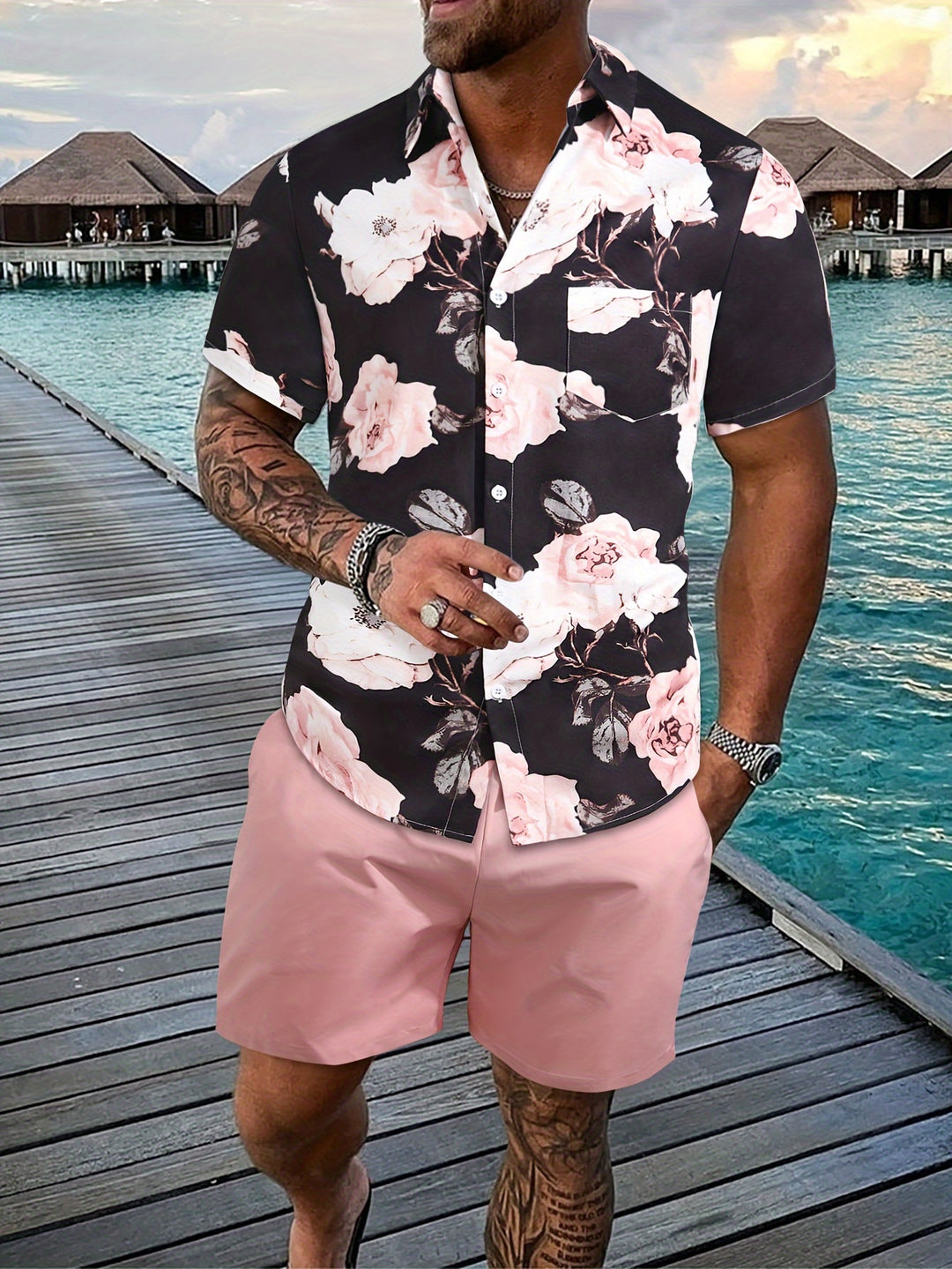 Men’s Summer Set | 2-Piece with Floral Print | Casual & Comfortable | Polyester
