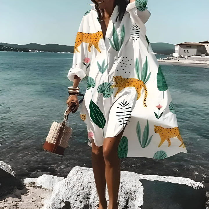 Women's Dress | Floral Print V-Neck | Loose Fit & Long Sleeves | Cotton-Polyester
