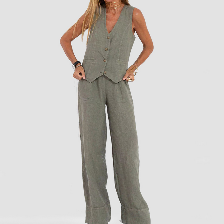 Women's Summer Set | Sleeveless Buttoned Vest | Lightweight Cotton-Linen Blend