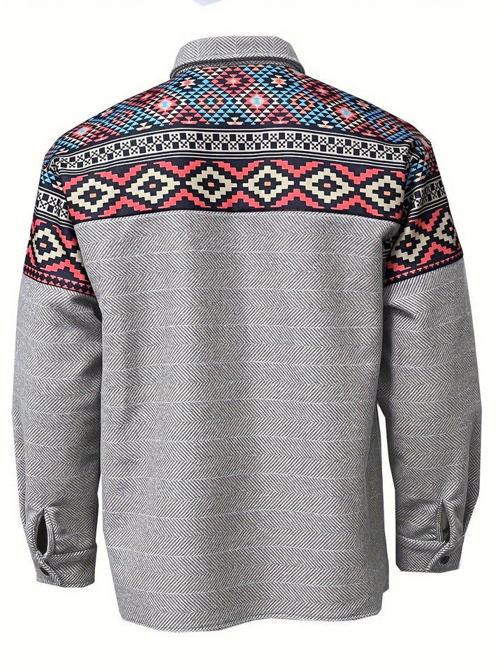 Men’s Casual Jacket | Geometric Patchwork | Revere Collar & Chest Pockets