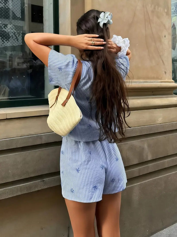 Women's set | Striped & Butterfly Print | V-neck Top & Shorts | Summer Holiday Style