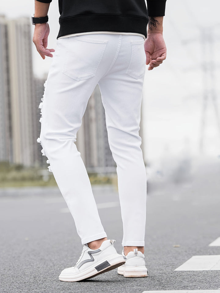 Men's Jeans | Skinny Fit | Stretch Denim | Distressed White & Black Accents