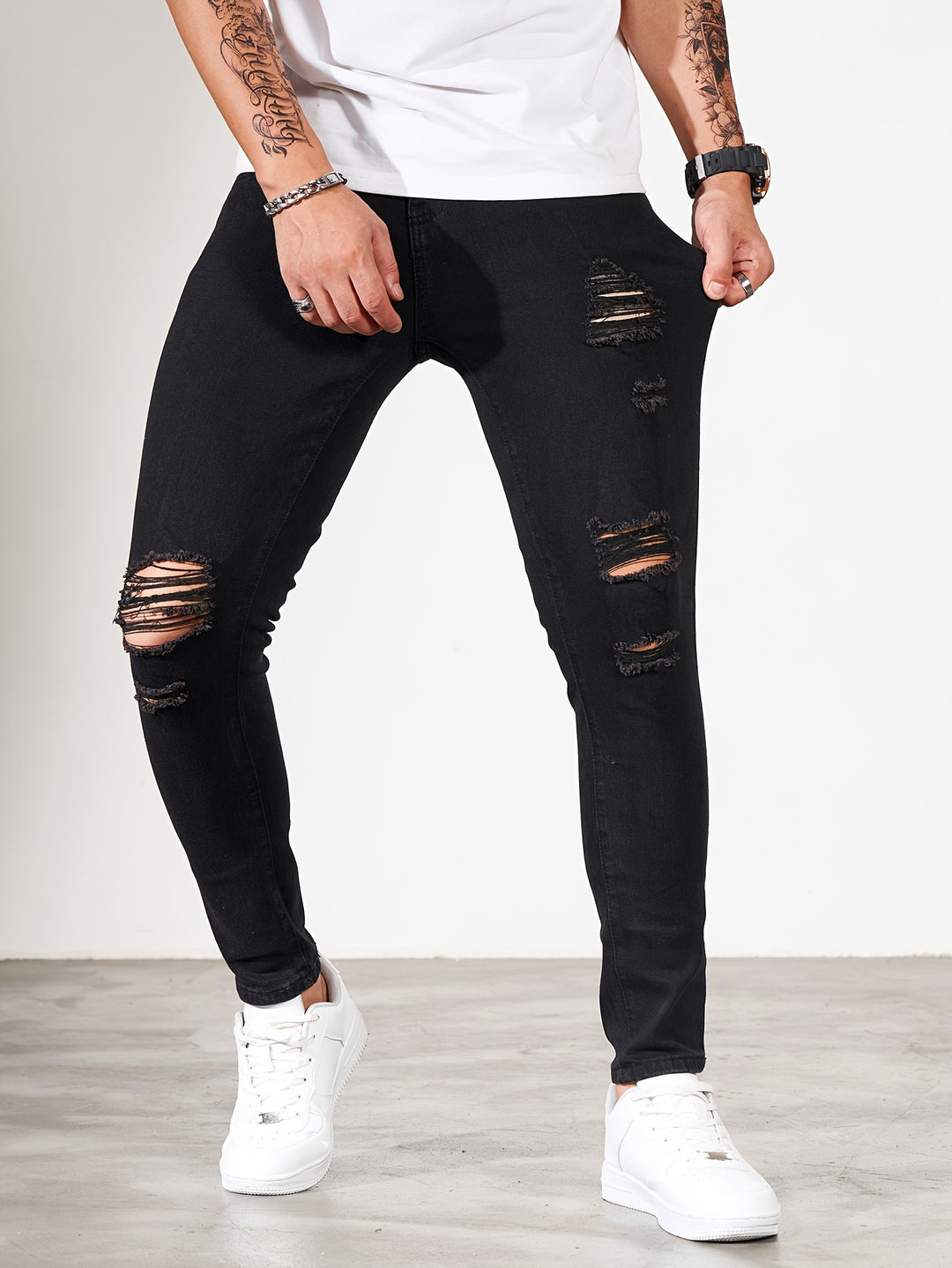 Men's Jeans | Skinny Fit | Stretch Denim | Distressed White & Black Accents