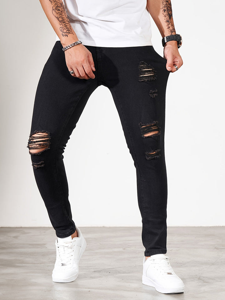Men's Jeans | Skinny Fit | Stretch Denim | Distressed White & Black Accents