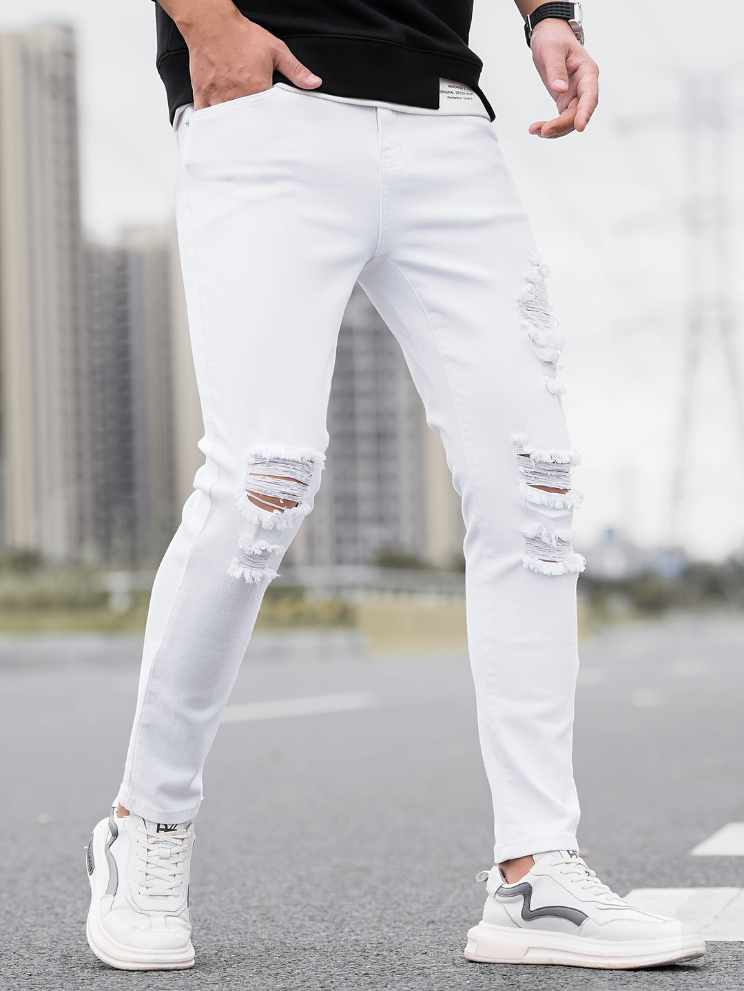 Men's Jeans | Skinny Fit | Stretch Denim | Distressed White & Black Accents