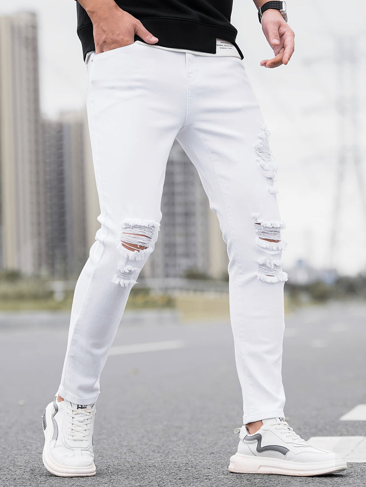 Men's Jeans | Skinny Fit | Stretch Denim | Distressed White & Black Accents