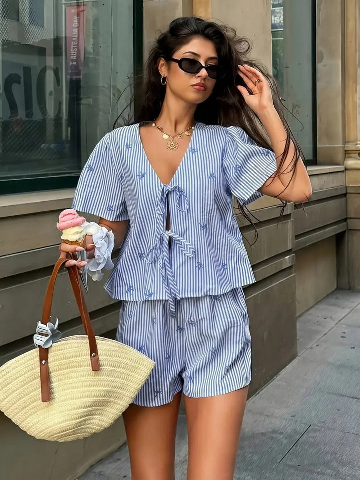 Women's set | Striped & Butterfly Print | V-neck Top & Shorts | Summer Holiday Style