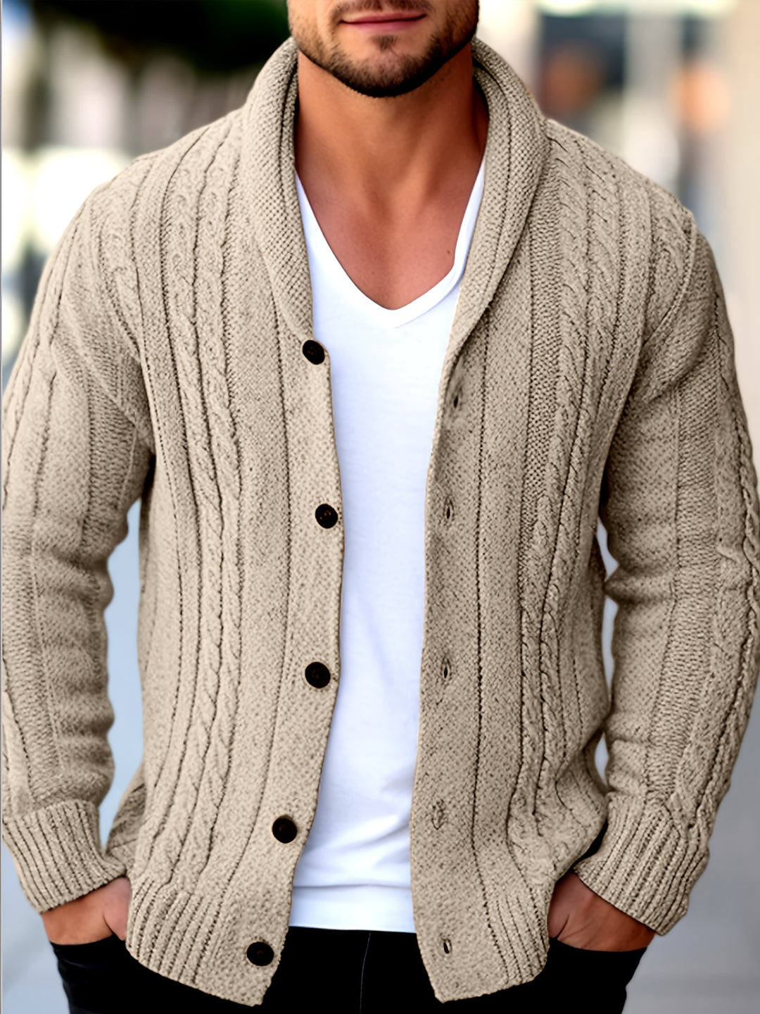 Men’s Knitted Cardigan | Cable Knit | Button Closure | Polyester | Long Sleeves