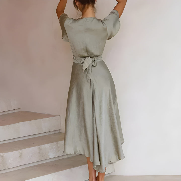 Women's Long Dress | Elegant V-Neck with Puff Sleeves | Corset Waist & Asymmetrical Skirt | Polyester