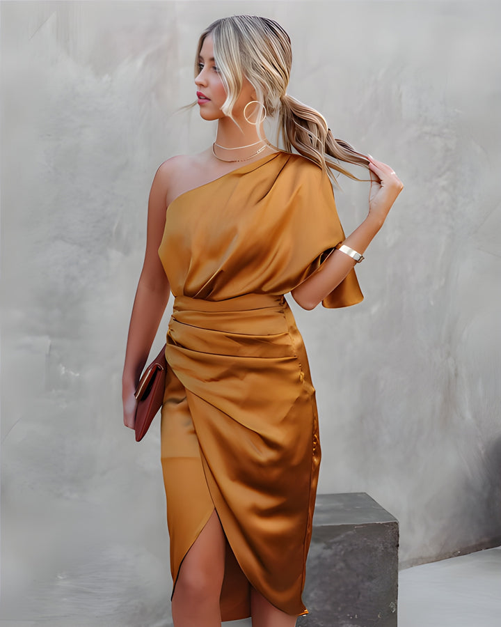 Women's Satin Dress | Asymmetrical Mini Dress | Elegant & Evening-Ready | Short Sleeve
