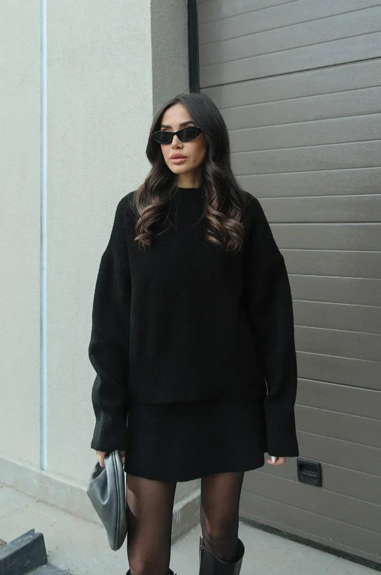 Women’s Knitted Set | Elegant Style | O-Neck Sweater & Mini Skirt | Polyester