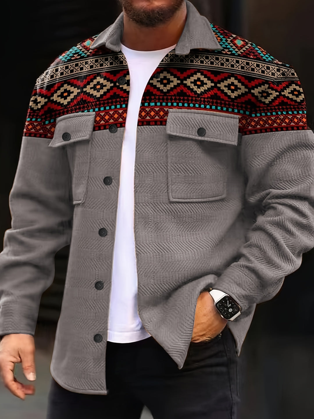 Men’s Casual Jacket | Geometric Patchwork | Revere Collar & Chest Pockets