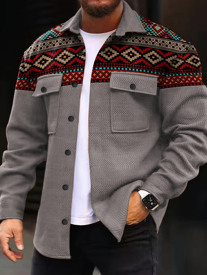 Men’s Casual Jacket | Geometric Patchwork | Revere Collar & Chest Pockets