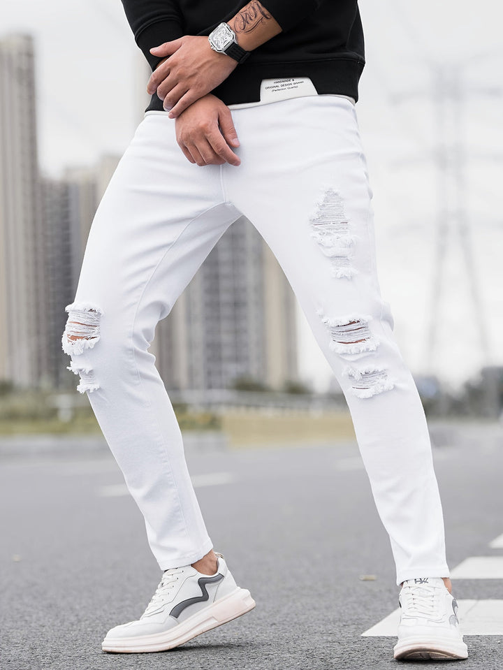 Men's Jeans | Skinny Fit | Stretch Denim | Distressed White & Black Accents