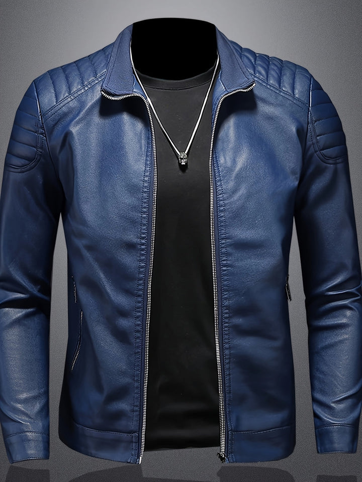 Men’s Casual Jacket | Elegant High Collar | Front Zip & Pockets | Faux Leather