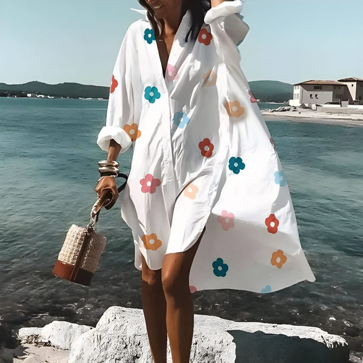 Women's Dress | Floral Print V-Neck | Loose Fit & Long Sleeves | Cotton-Polyester