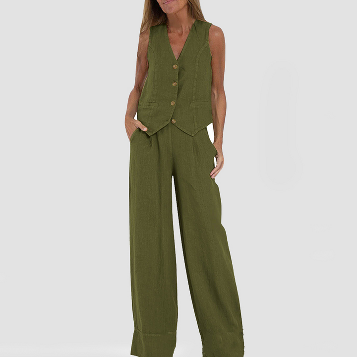 Women's Summer Set | Sleeveless Buttoned Vest | Lightweight Cotton-Linen Blend