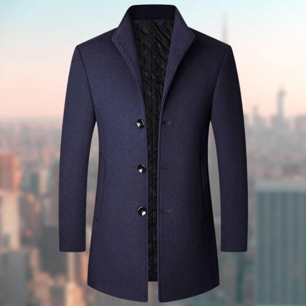 Men’s Coat | Mid-Length Slim Fit | Stand Collar & Wool-Look Finish | Polyester