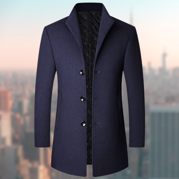 Men’s Coat | Mid-Length Slim Fit | Stand Collar & Wool-Look Finish | Polyester