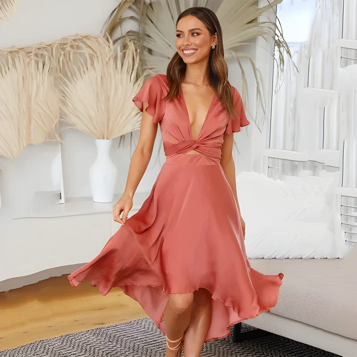 Women's Long Dress | Elegant V-Neck with Puff Sleeves | Corset Waist & Asymmetrical Skirt | Polyester