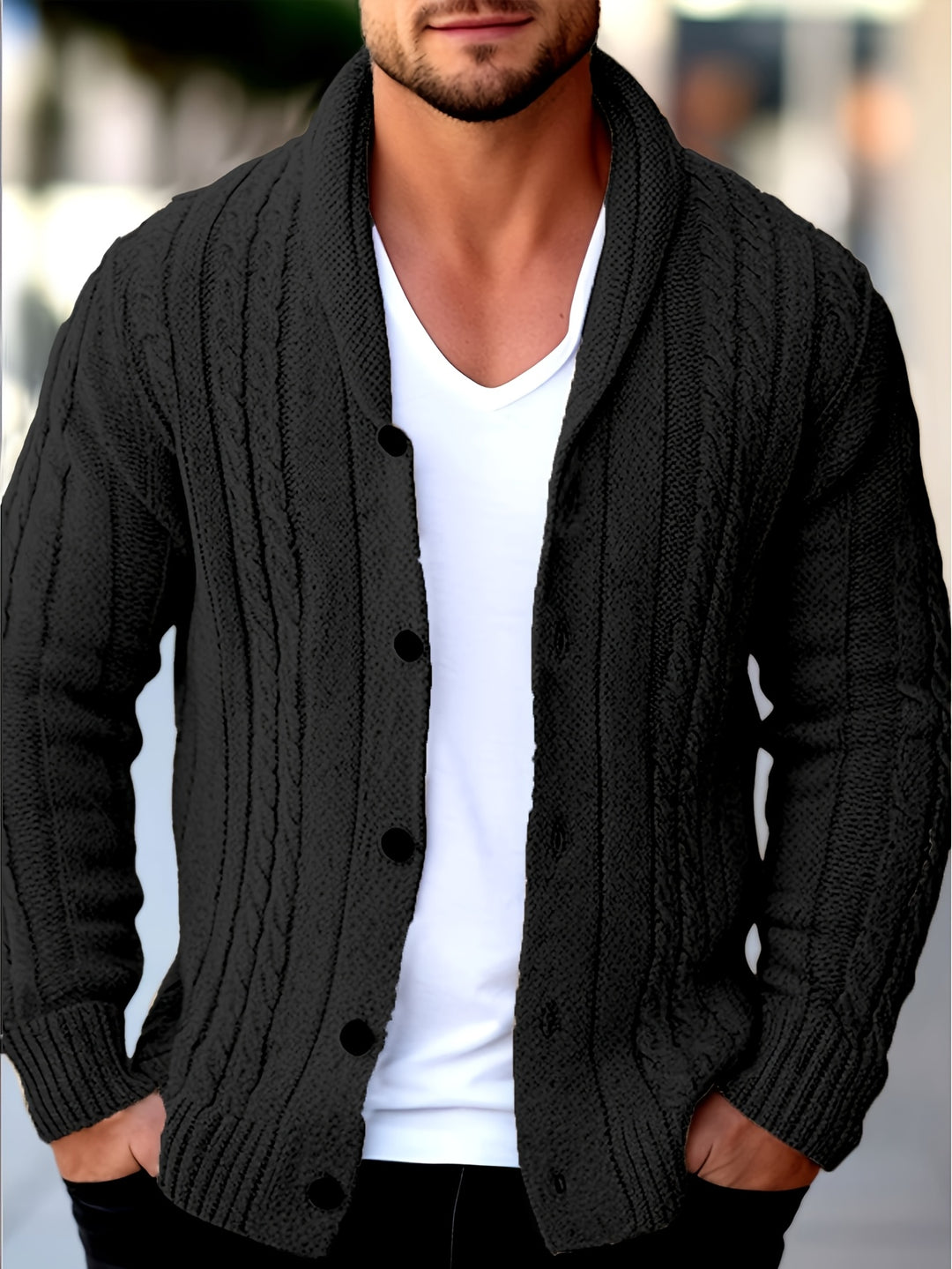 Men’s Knitted Cardigan | Cable Knit | Button Closure | Polyester | Long Sleeves