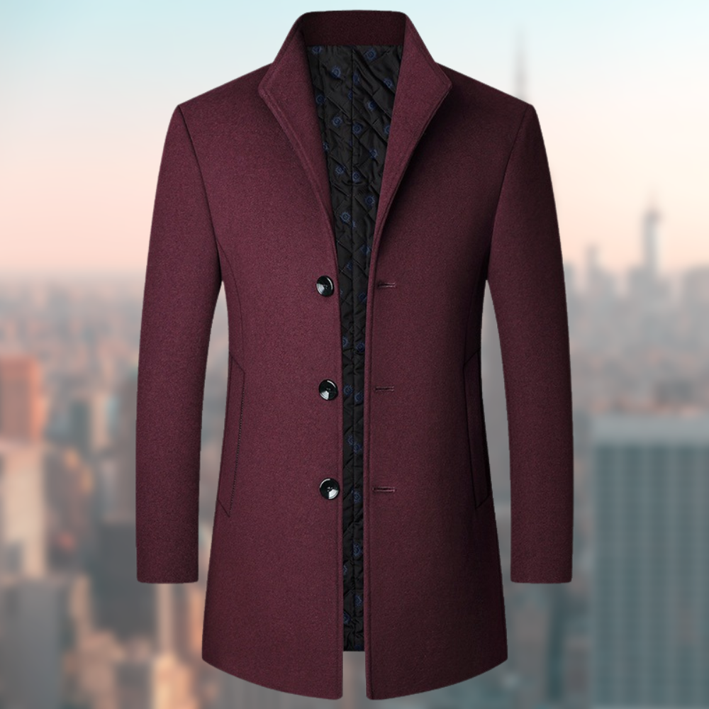 Men’s Coat | Mid-Length Slim Fit | Stand Collar & Wool-Look Finish | Polyester