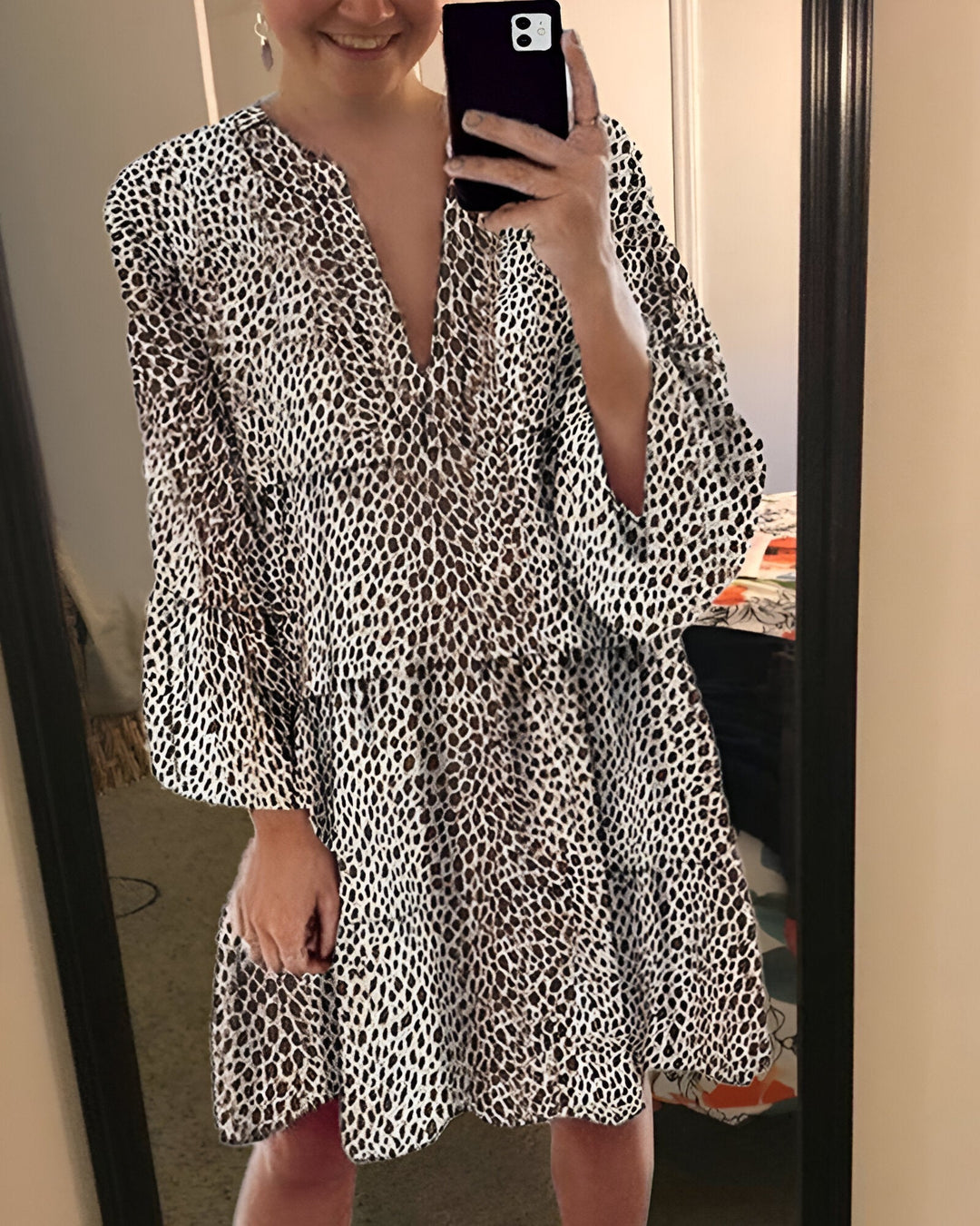 Women’s Dress | Long Sleeved | Knee-Length & Leopard Print | Elegant Casual Style