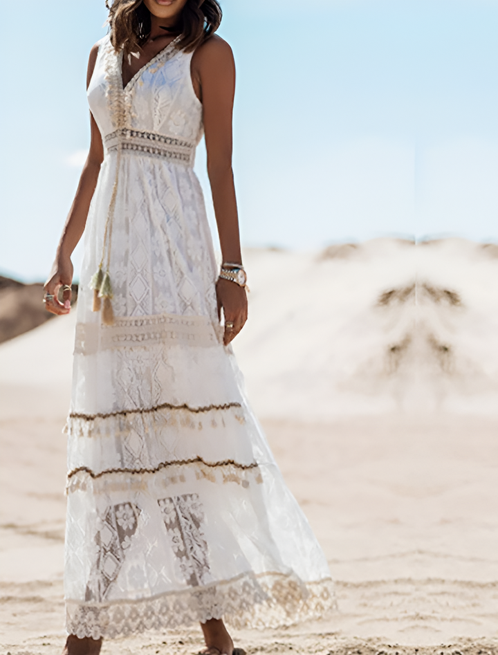 Women’s Dress | Boho Style | Lace & Fringes | Sleeveless & Floor-Length Summer Dress