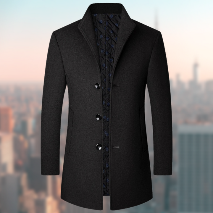 Men’s Coat | Mid-Length Slim Fit | Stand Collar & Wool-Look Finish | Polyester