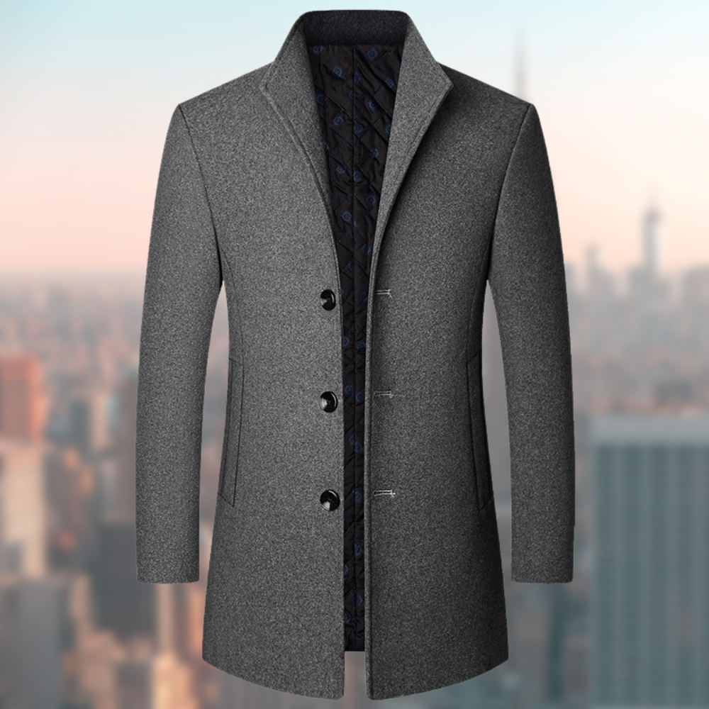 Men’s Coat | Mid-Length Slim Fit | Stand Collar & Wool-Look Finish | Polyester