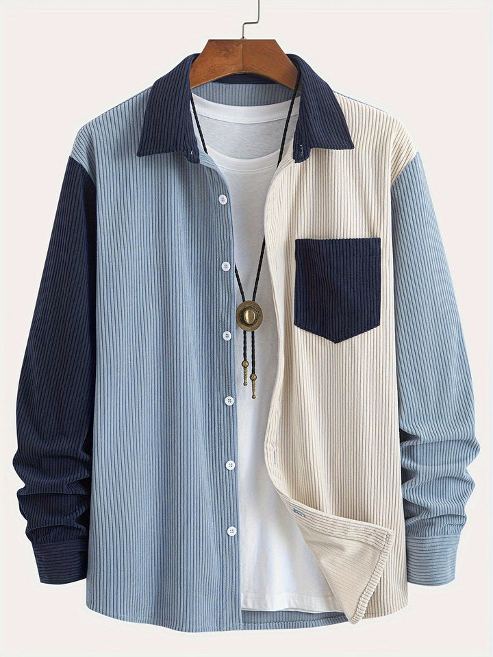 Men’s Shirt | Corduroy & Stretch | Striped Collar & Chest Pocket | Spring & Autumn