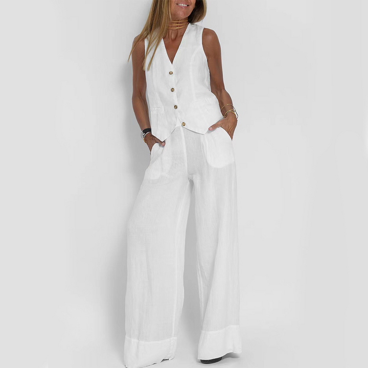 Women's Summer Set | Sleeveless Buttoned Vest | Lightweight Cotton-Linen Blend