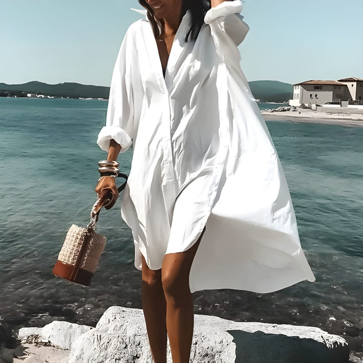 Women's Dress | Floral Print V-Neck | Loose Fit & Long Sleeves | Cotton-Polyester
