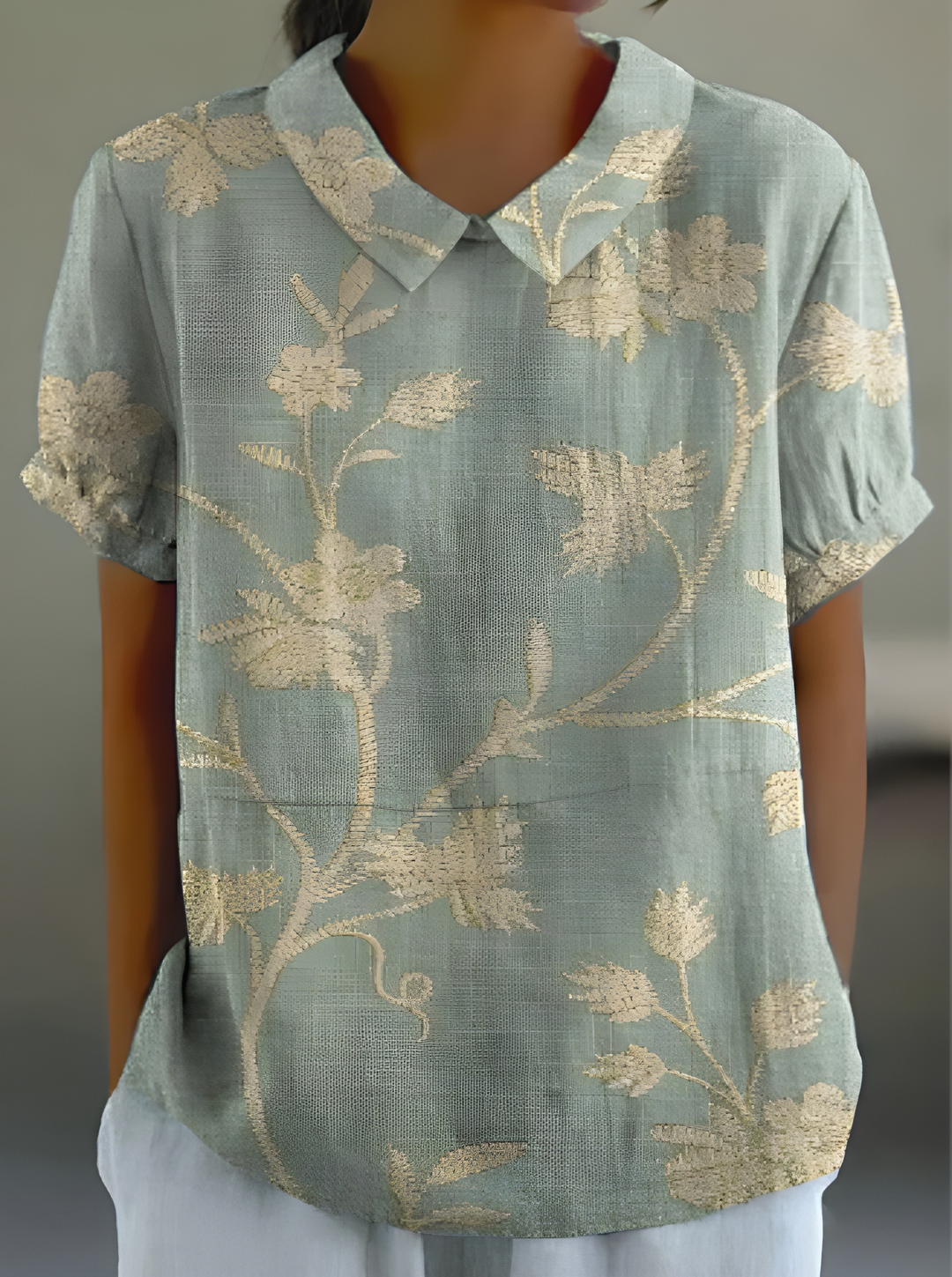 Women’s Floral Print Top | Vintage Style | Polo Collar & Short Sleeves | Lightweight Cotton