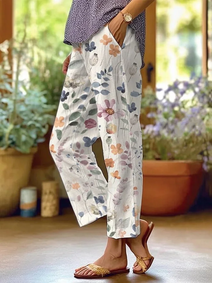 Women’s Trousers | Loose Fit Retro Style | Floral Pattern & Drawstring Waist | Cotton-Linen
