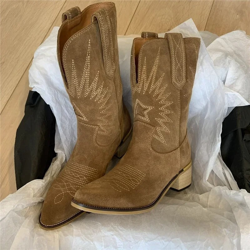 Knee-High Boots | Embroidered | V-Shaped | Pointed Toe | Vintage Style