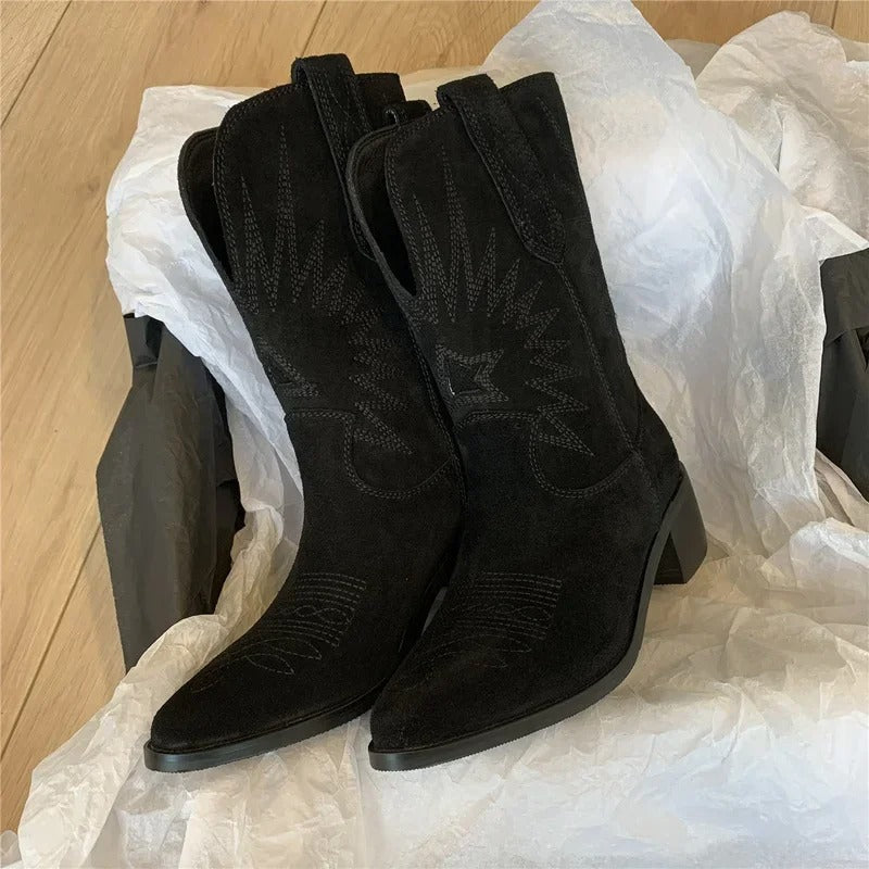 Knee-High Boots | Embroidered | V-Shaped | Pointed Toe | Vintage Style