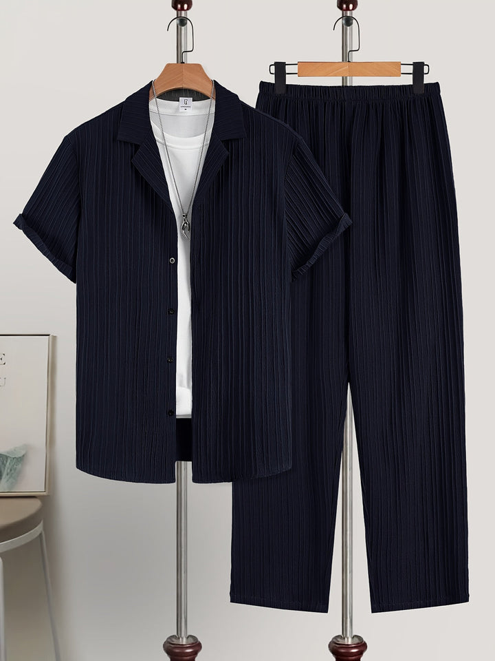 Men's Summer Set | Casual Style | Striped Shirt & Pants | Polyester