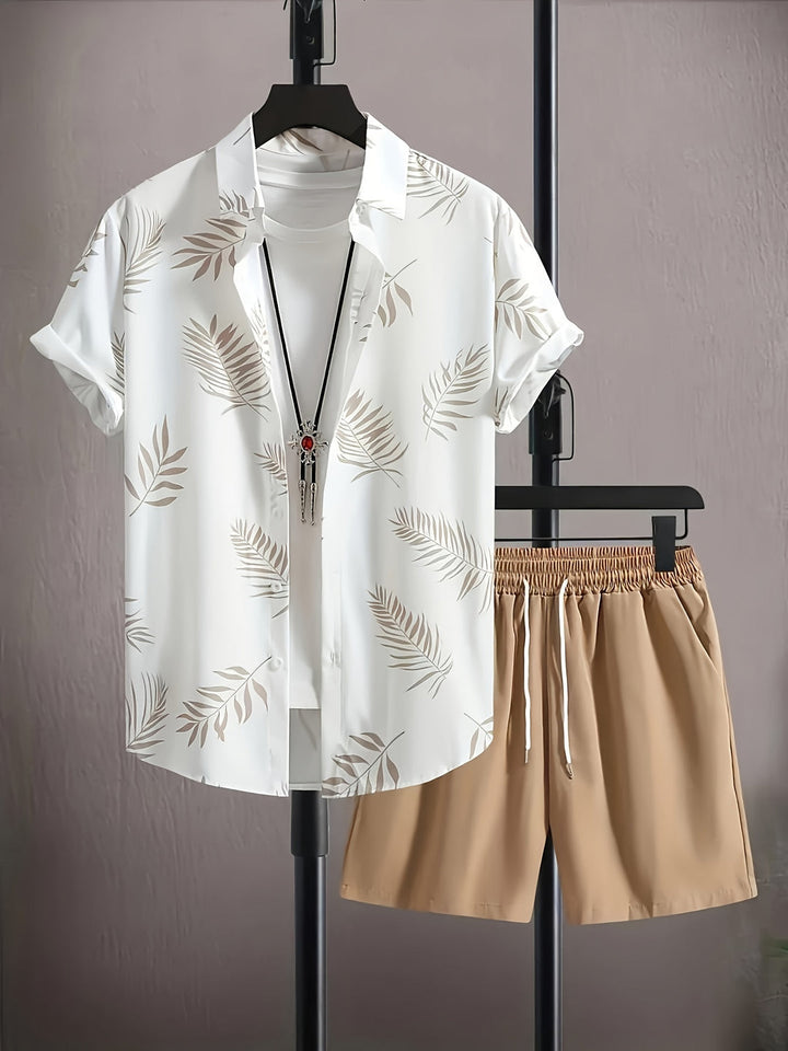 Men's Summer Set | Leaf Print Shirt & Drawstring Shorts | Tropical & Comfortable