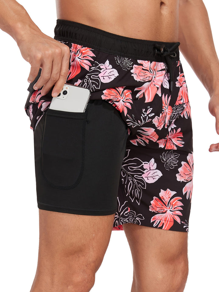 Men's Swim Shorts | Hawaiian & Flamingo Print | Quick-Drying & With Drawstring