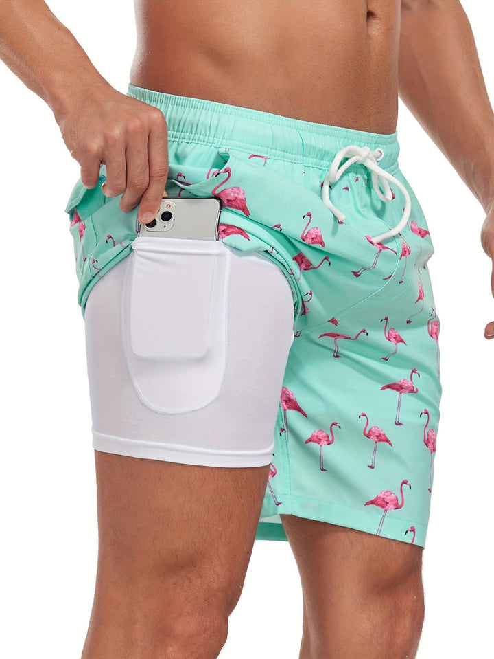 Men's Swim Shorts | Hawaiian & Flamingo Print | Quick-Drying & With Drawstring