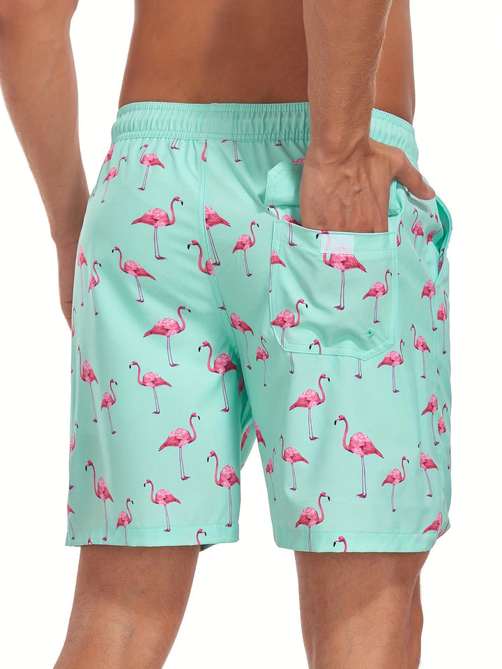 Men's Swim Shorts | Hawaiian & Flamingo Print | Quick-Drying & With Drawstring