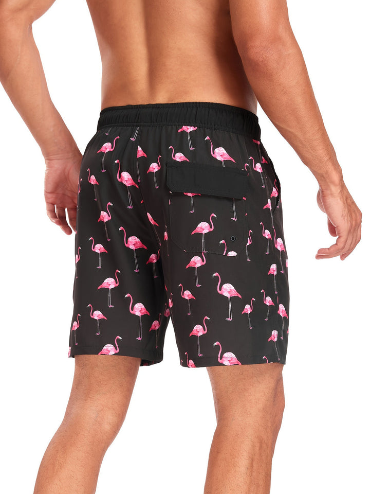 Men's Swim Shorts | Hawaiian & Flamingo Print | Quick-Drying & With Drawstring
