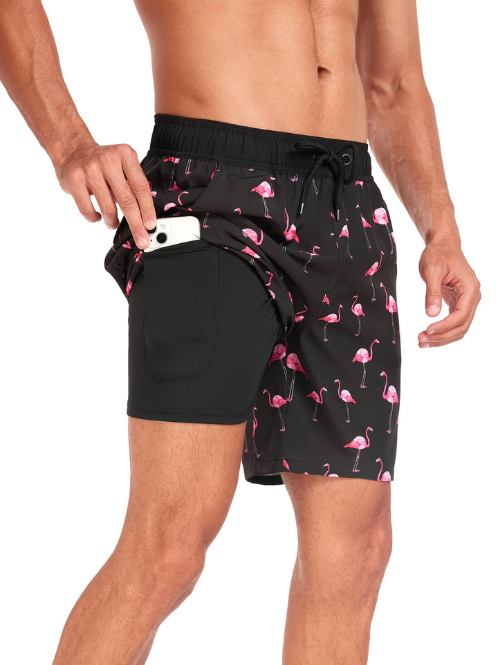 Men's Swim Shorts | Hawaiian & Flamingo Print | Quick-Drying & With Drawstring