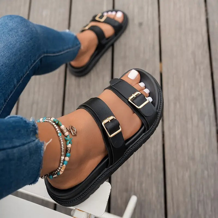 Sandals for Women | Open Toe and Adjustable Straps | Thick Rubber Sole | Synthetic Leather