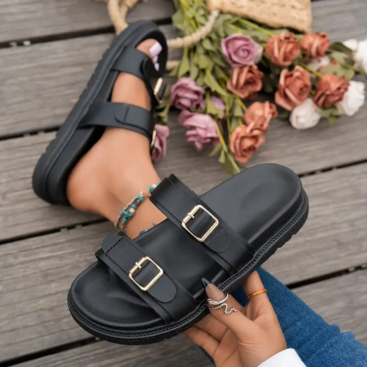 Sandals for Women | Open Toe and Adjustable Straps | Thick Rubber Sole | Synthetic Leather