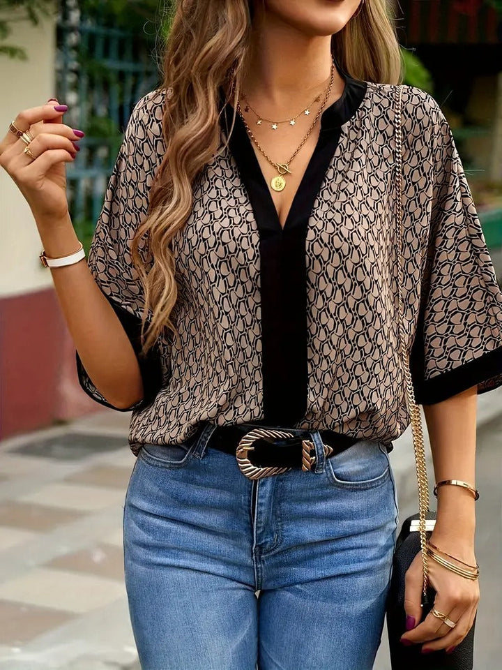 Women Blouse | V-Neck & Batwing Sleeves | Geometric Pattern | Spring & Summer