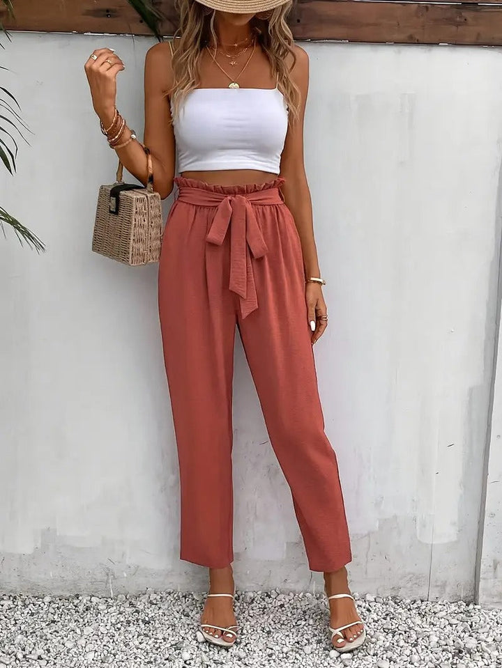 Women Pants | Tailored Fit & Elastic Waist | Elegant Long Trousers with Knit Detail for Spring/Summer