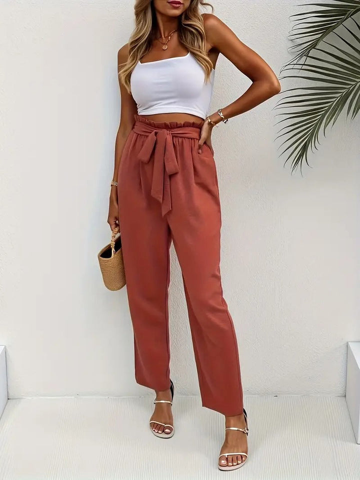 Women Pants | Tailored Fit & Elastic Waist | Elegant Long Trousers with Knit Detail for Spring/Summer